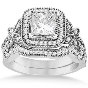 Butterfly Square Halo Design Diamond Bridal Set 14k White Gold 0.51ct - All