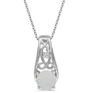 Antique Style Opal and Diamond Pendant Necklace 14k White Gold - All