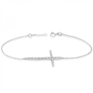 Sideways Cross Chain Bracelet and Diamond Accents 14k White Gold 0.20ct - All