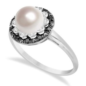Freshwater Pearl Flower Ring w/ Black and White Diamonds 14K W. Gold 0.14cw - All
