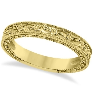 Carved Floral Designed Wedding Band Anniversary Ring in 14K Yellow Gold - All