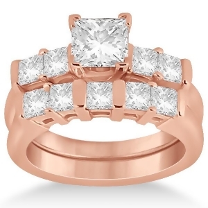 Five Stone Princess Cut Diamond Bridal Set 18k Rose Gold 0.90ct - All