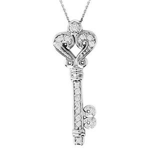 Diamond Fleur De Lis Key Pendant Necklace in 14k White Gold 0.25ct - All