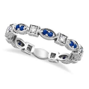 Blue Sapphire and Diamond Eternity Anniversary Ring Band 14k White Gold - All