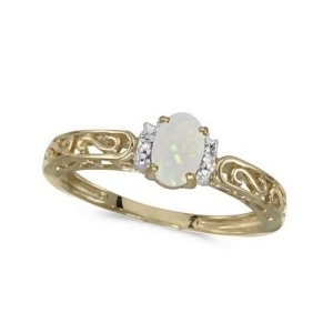 Oval Opal and Diamond Filigree Antique Style Ring 14k Yellow Gold - All