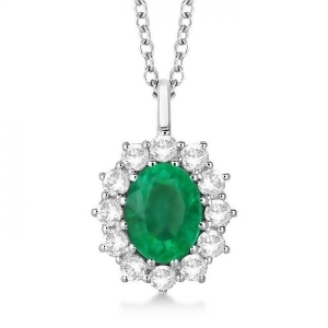 Oval Emerald and Diamond Pendant Necklace 14k White Gold 3.60ctw - All