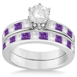 Channel Amethyst and Diamond Bridal Set 18k White Gold 1.30ct - All