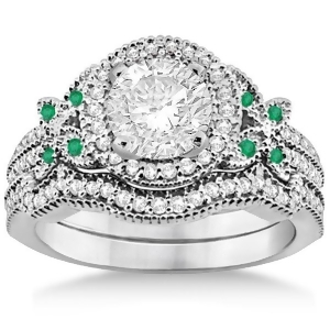 Butterfly Diamond and Emerald Engagement Ring and Band Palladium 0.50ct - All