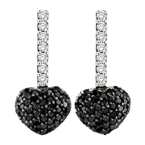 Black and White Diamond Puffed Heart Earrings in 14k White Gold 0.84 ctw - All