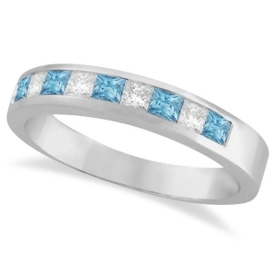 Princess Channel-Set Diamond and Aquamarine Ring Band 14K White Gold - All