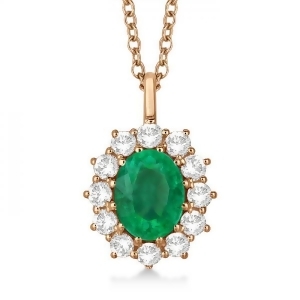 Oval Emerald and Diamond Pendant Necklace 14k Rose Gold 3.60ctw - All
