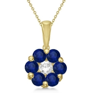 Flower Diamond and Blue Sapphire Pendant Necklace 14k Yellow Gold 1.40ct - All