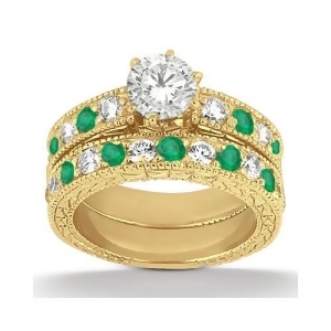 Antique Diamond and Emerald Bridal Set 14k Yellow Gold 1.75ct - All