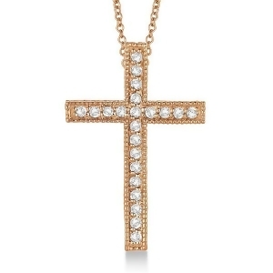 Diamond Cross Pendant Necklace Milgrain Edged 14k Rose Gold 0.33ct - All