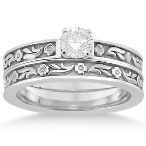 Carved Eternity Flower Design Solitaire Bridal Set in 18k White Gold - All