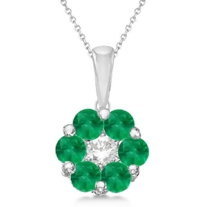 Flower Diamond and Emerald Pendant Necklace 14k White Gold 0.92ct - All