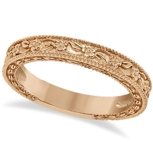 Carved Floral Designed Wedding Band Anniversary Ring in 14K Rose Gold - All
