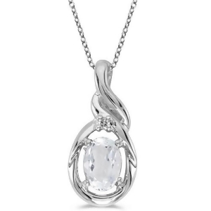 Oval White Topaz and Diamond Teardrop Pendant Necklace 14k White Gold - All