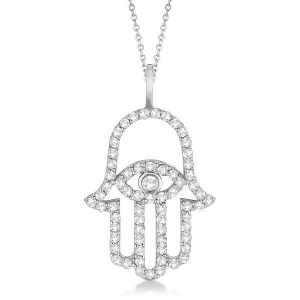 Diamond Hamsa Evil Eye Pendant Necklace 14k White Gold 0.51ct - All