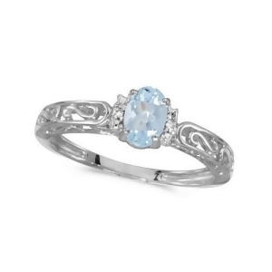 Oval Aquamarine and Diamond Filigree Antique Style Ring 14k White Gold - All