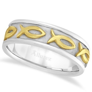 Mens Ichthus Christ Fish Symbol Wedding Ring Band 18k Two-Tone Gold 7mm - All