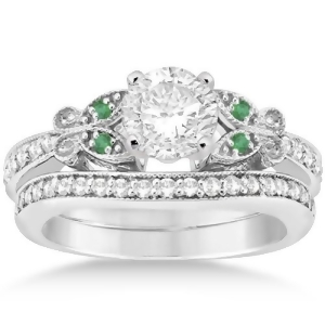 Butterfly Diamond and Emerald Bridal Set Platinum 0.42ct - All
