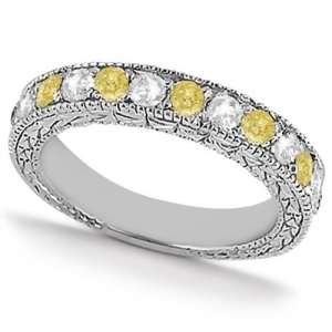 White and Yellow Diamond Wedding Band Antique Style 14K White Gold 0.91ct - All