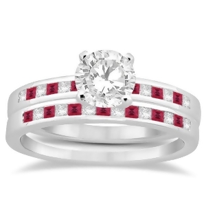 Princess Cut Diamond and Ruby Bridal Ring Set 14k White Gold 0.54ct - All