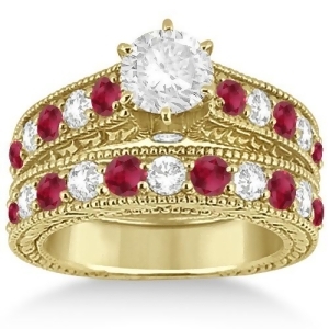 Antique Diamond and Ruby Bridal Ring Set in 14k Yellow Gold 2.75ct - All