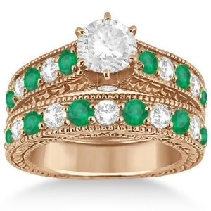 Antique Diamond and Emerald Bridal Ring Set 18k Rose Gold 2.51ct - All