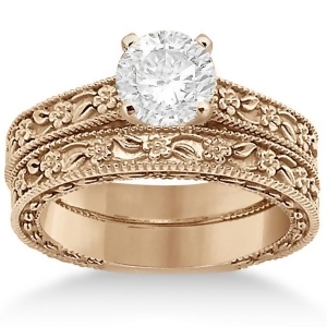 Carved Floral Wedding Set Engagement Ring and Band 14K Rose Gold - All