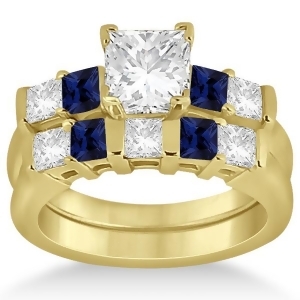 5 Stone Diamond and Blue Sapphire Bridal Set 18k Yellow Gold 1.02ct - All