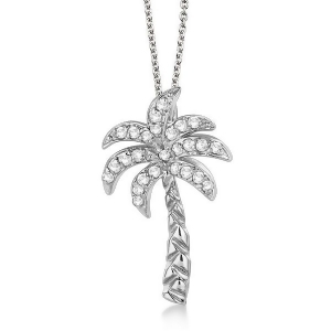 Palm Tree Shaped Diamond Pendant Necklace 14k White Gold 0.25ct - All