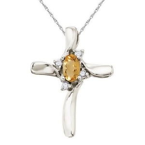Oval Citrine and Diamond Cross Necklace Pendant 14k White Gold - All