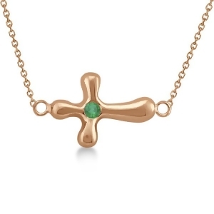 Rounded Sideways Emerald Cross Pendant Necklace 14k Rose Gold .06ct - All