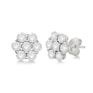 Flower Shaped Diamond Cluster Stud Earrings 14K White Gold 0.52ct - All