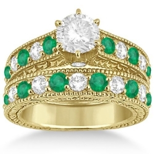 Antique Diamond and Emerald Bridal Ring Set 14k Yellow Gold 2.51ct - All