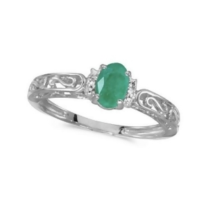 Oval Emerald and Diamond Filigree Antique Style Ring 14k White Gold - All