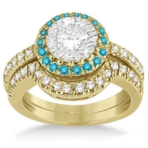 Halo Blue Diamond Engagement Ring Bridal Set 14k Yellow Gold 0.51ct - All