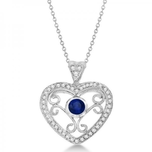 Blue Sapphire Filigree Heart Necklace in 14K White Gold 0.40ct - All