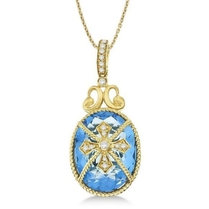 Blue Topaz and Diamond Byzantine Pendant Necklace 14k Yellow Gold 9.36ct - All