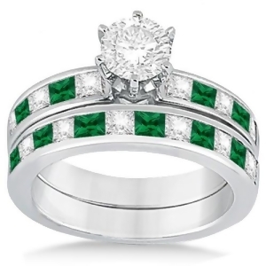 Channel Emerald and Diamond Bridal Set 18k White Gold 1.10ct - All