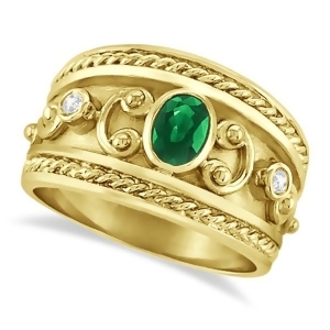 Oval Shaped Emerald and Diamond Byzantine Ring 14k Yellow Gold 0.73ct - All