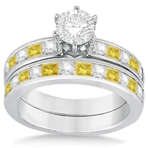 Princess Cut White and Yellow Diamond Bridal Set 18K White Gold 1.10ct - All