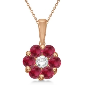 Cluster Flower Diamond and Ruby Pendant Necklace 14k Rose Gold 1.40ct - All