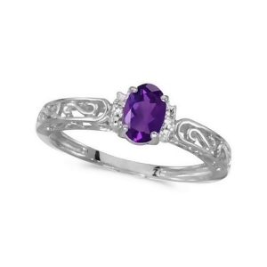 Oval Amethyst and Diamond Filigree Antique Style Ring 14k White Gold - All