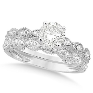 Petite Antique-Design Diamond Bridal Set in 14k White Gold 0.83ct - All