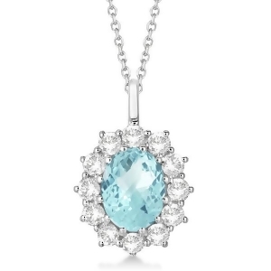 Oval Aquamarine and Diamond Pendant Necklace 14k white Gold 3.60ctw - All