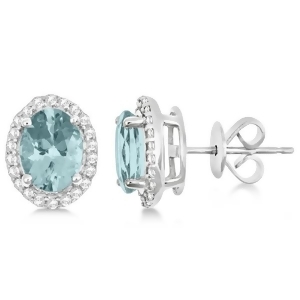 Oval Aquamarine and Diamond Halo Stud Earrings Sterling Silver 2.32ct - All