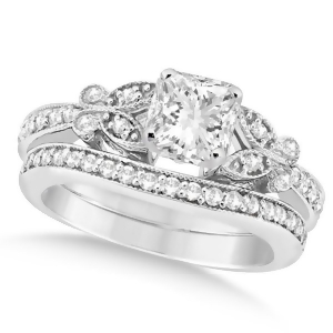 Princess Diamond Butterfly Bridal Ring Set 14k White Gold 1.21ct - All